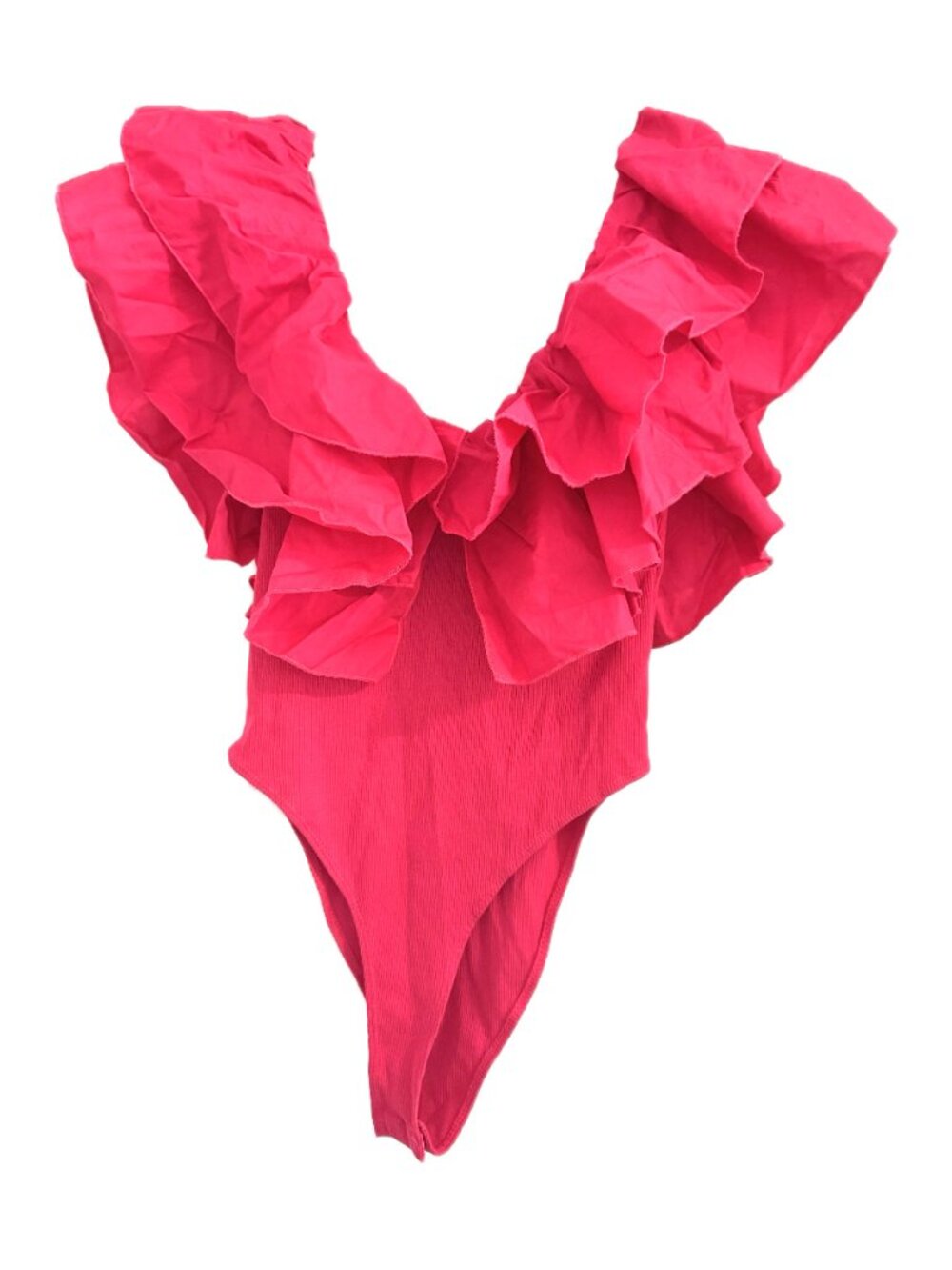 ZARA Bright Pink Ruffle Off Shoulder Bodysuit Size M 28 Statement Top - Picture 2 of 3